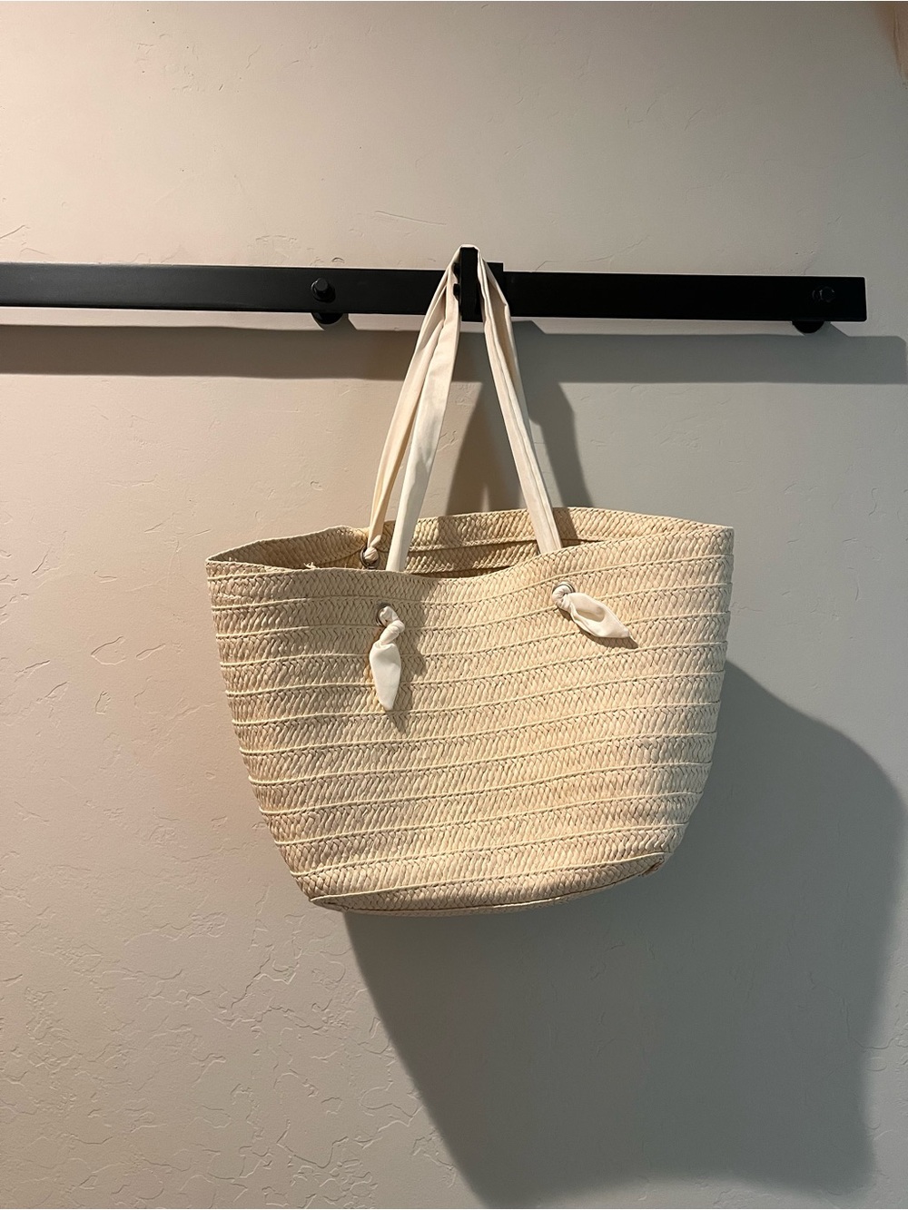 Canvas-Handle Straw Tote Bag in Natural Cream